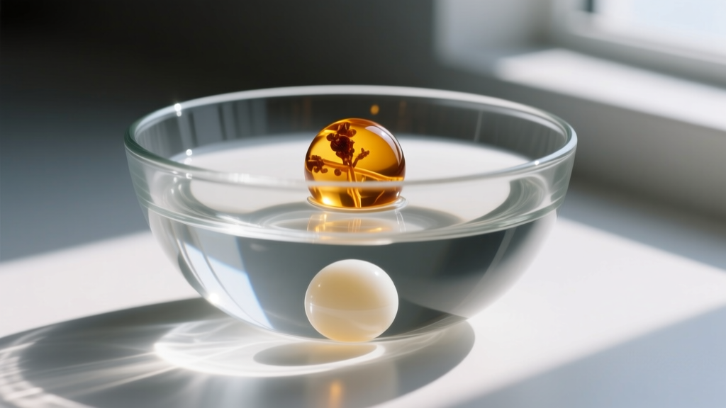 Glass bowl of saturated saltwater showing a genuine amber bead floating at the surface and a fake plastic bead sunk at the bottom.