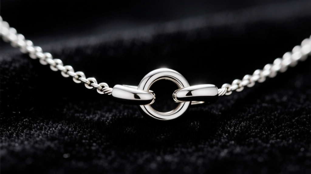 Close-up of a 0.8mm cable chain connected to a 5mm lobster clasp on a true beauty necklace, showing precise jump ring soldering.