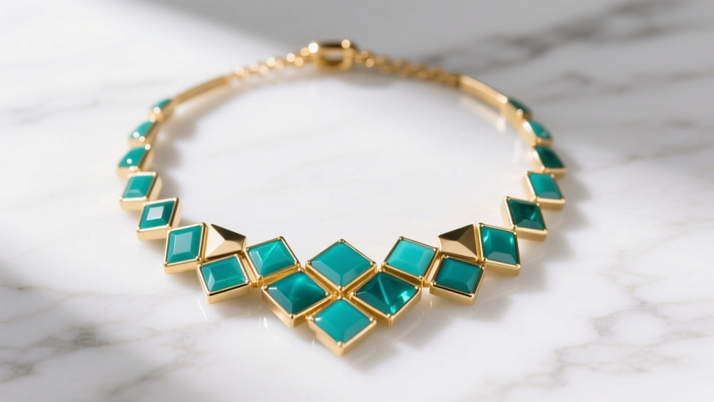 Flat lay of a gold-plated brass bib necklace with teal epoxy stones on white marble, shot from above with soft natural lighting