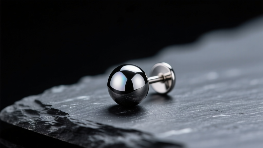 Macro shot of a polished 4mm implant-grade titanium ball stud earring resting on dark slate with soft directional studio lighting