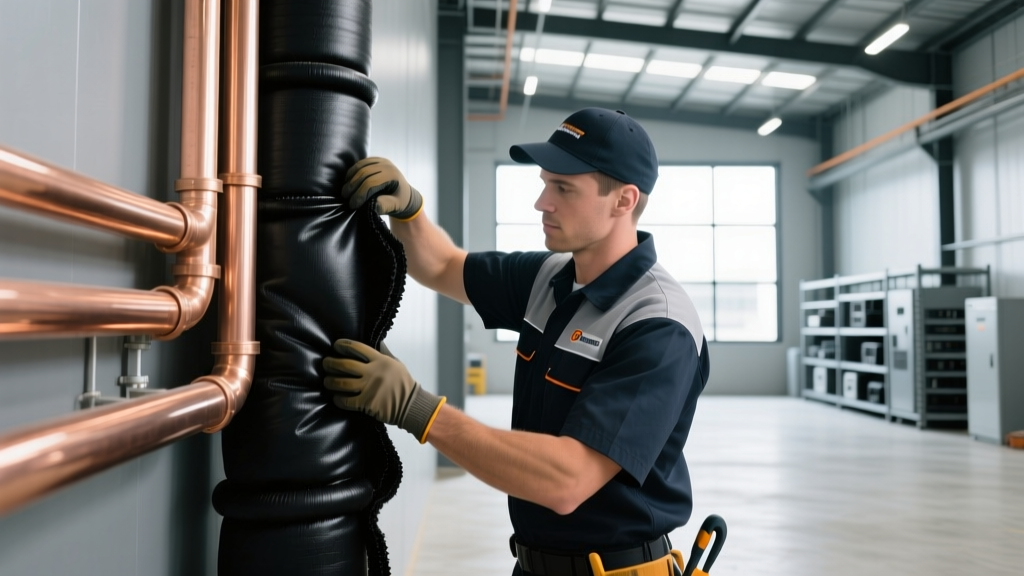 HVAC technician wrapping black elastomeric closed-cell foam insulation around copper refrigerant lines in a commercial mechanical room