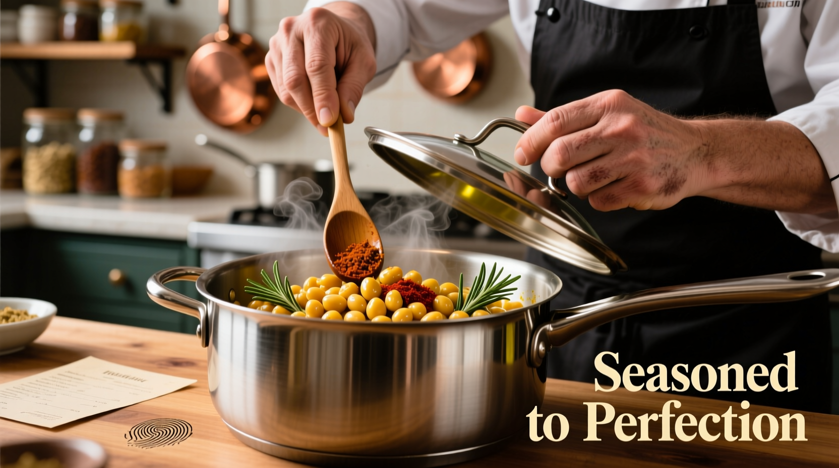 Chef seasoning cooked garbanzo beans in stainless steel pot
