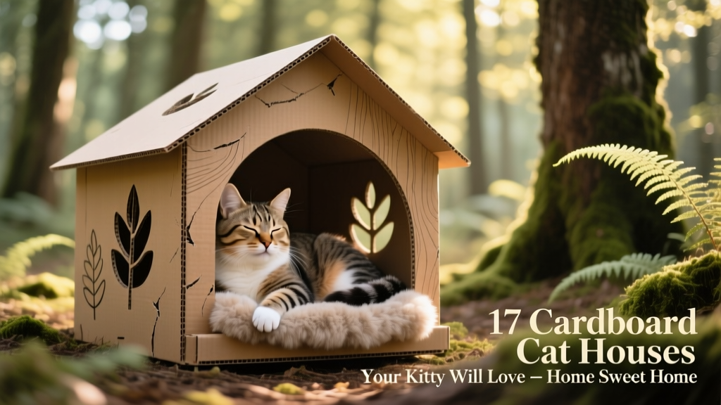 A cat sitting contentedly inside a forest-themed cardboard cat house with visible scratch surfaces