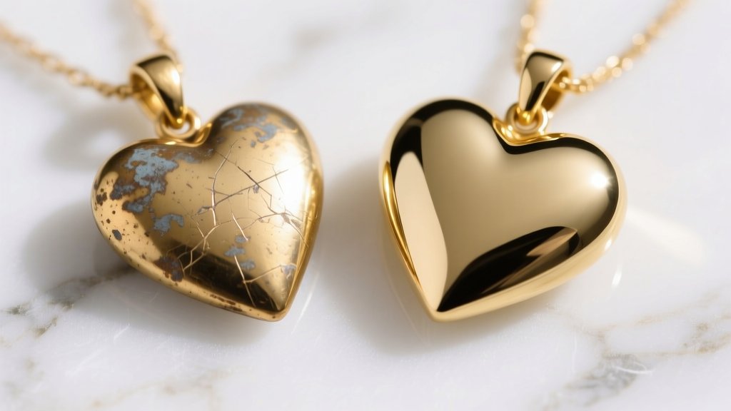 Macro shot of a tarnished gold-plated heart pendant next to a pristine solid 18k gold heart, placed side-by-side on white marble
