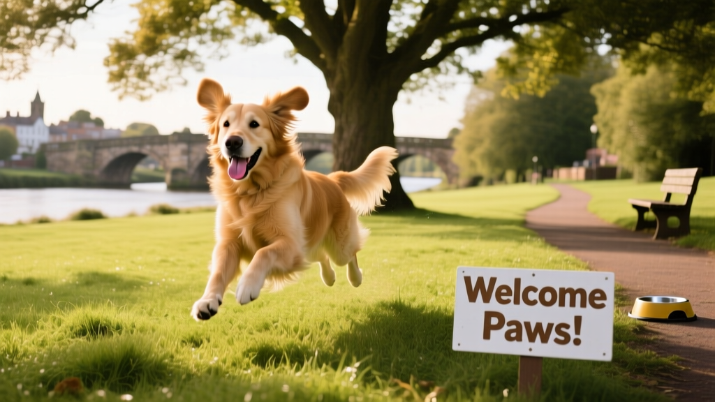 A dog playing joyfully in a sun-dappled park in Shrewsbury, with open green space and river views in the background
