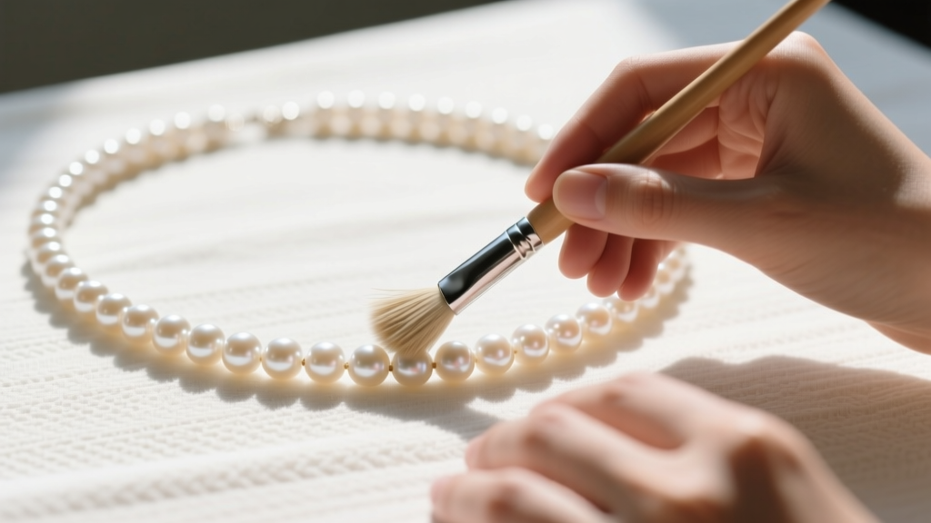 Hands gently brushing a tangled 28-inch opera length pearl necklace with a soft horsehair brush over a microfiber cloth in bright natural light.