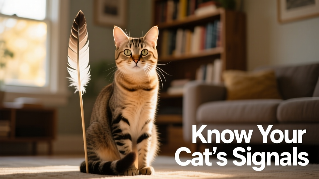 Cat sitting peacefully with ears in neutral position, tail upright, gazing softly at the camera