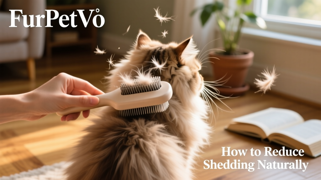 Close-up of a hand using a FurPetVo deshedding brush on a fluffy cat's back, with visible loose fur collected on the tool