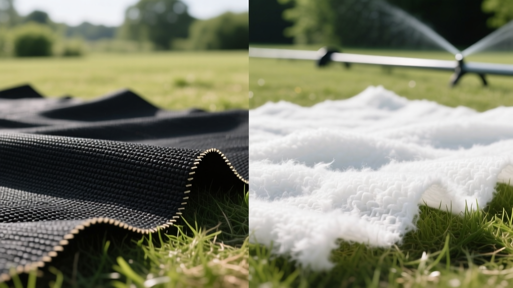 Side-by-side comparison of tightly woven black polypropylene landscape fabric and fuzzy white needle-punched nonwoven drainage fabric