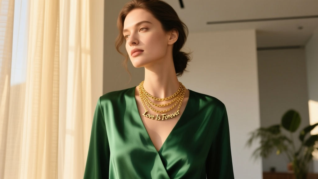Woman wearing a layered 18k gold love is forever necklace over a deep V-neck emerald green silk blouse in warm afternoon light.