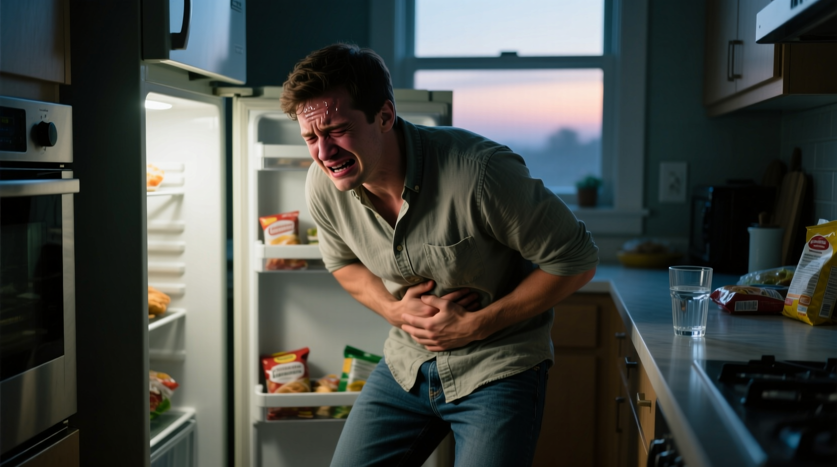 Person holding stomach with symptoms of food poisoning