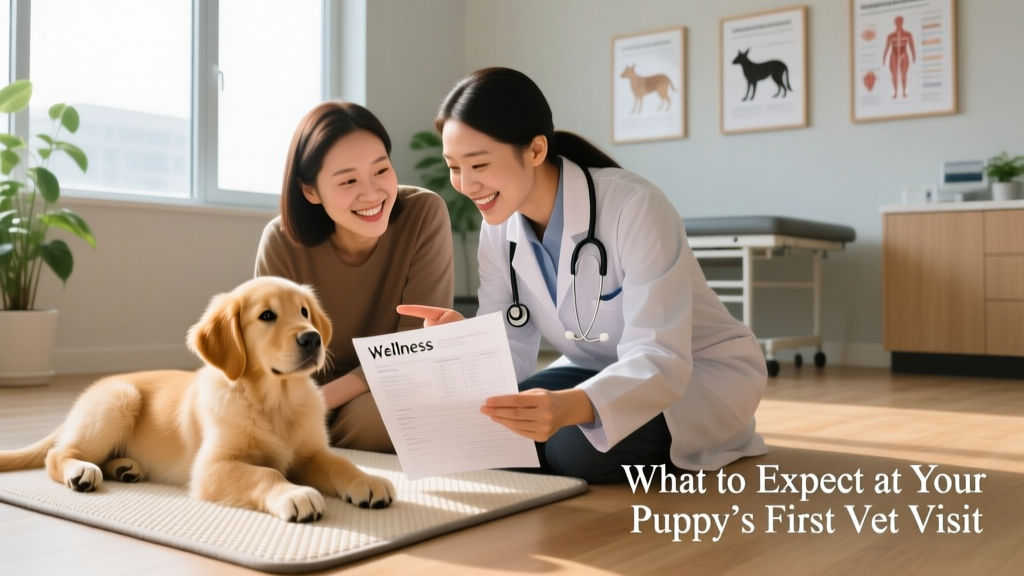 A smiling pet parent and veterinarian reviewing a printed wellness plan together, with a happy puppy resting nearby