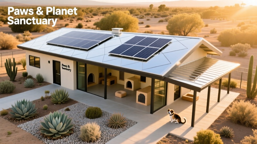 Aerial view of a modern shelter with reflective cool roof, solar panels, and drought-tolerant landscaping