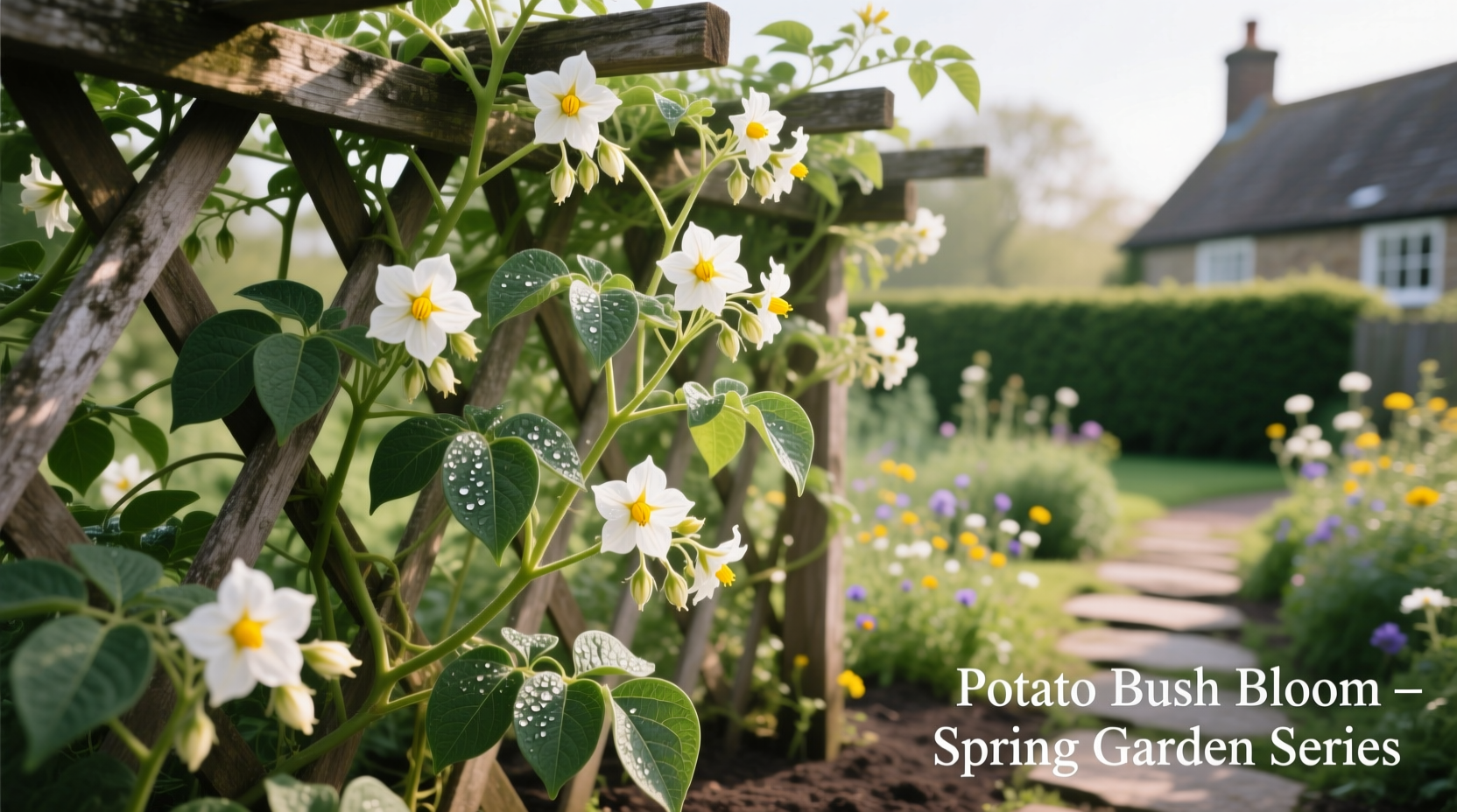 Potato bush flowering vine on garden trellis