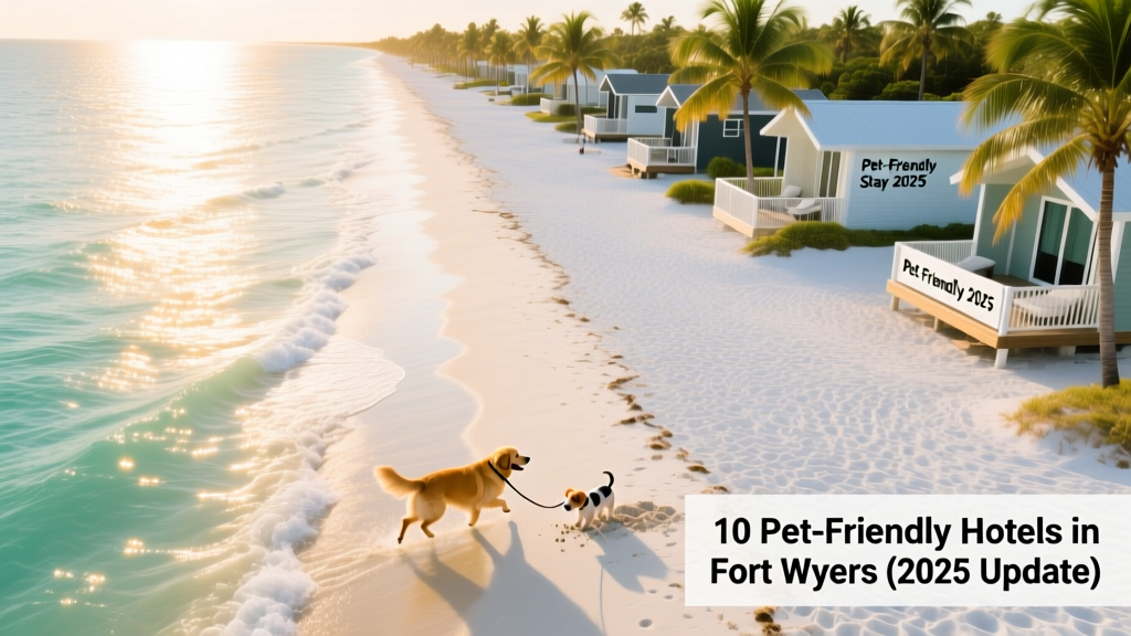 Aerial view of Fort Myers beachfront with palm trees and calm turquoise water