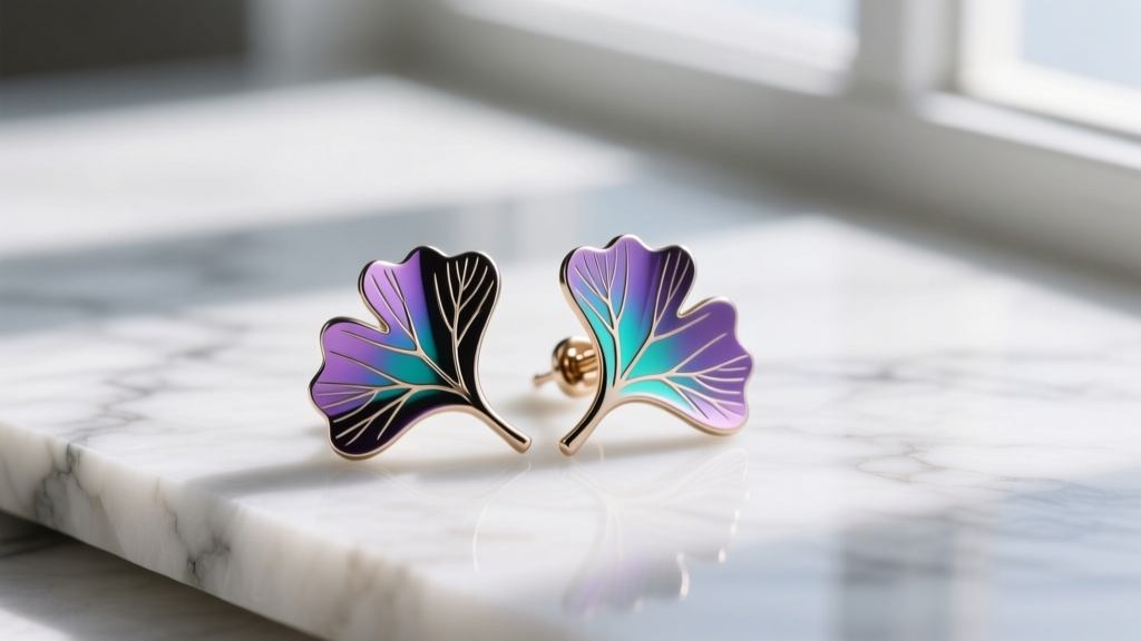 Macro shot of anodized titanium ginkgo earrings in iridescent purple and teal with laser-engraved veins on raw white marble.