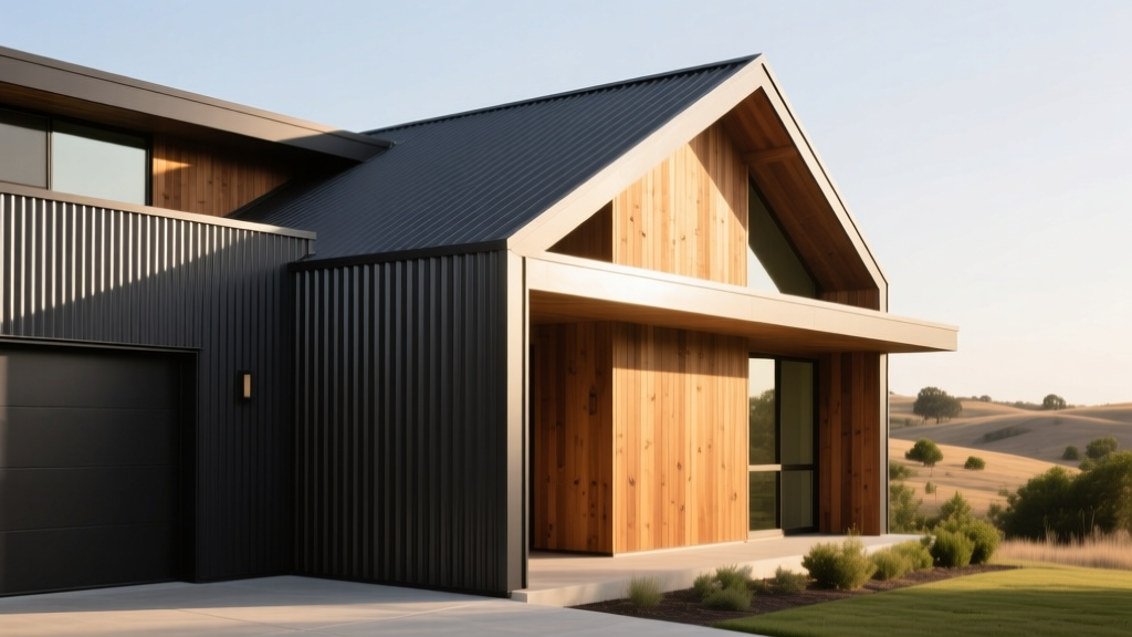 Modern residential exterior featuring a mix of dark charcoal corrugated steel and natural cedar wood siding under bright sunlight
