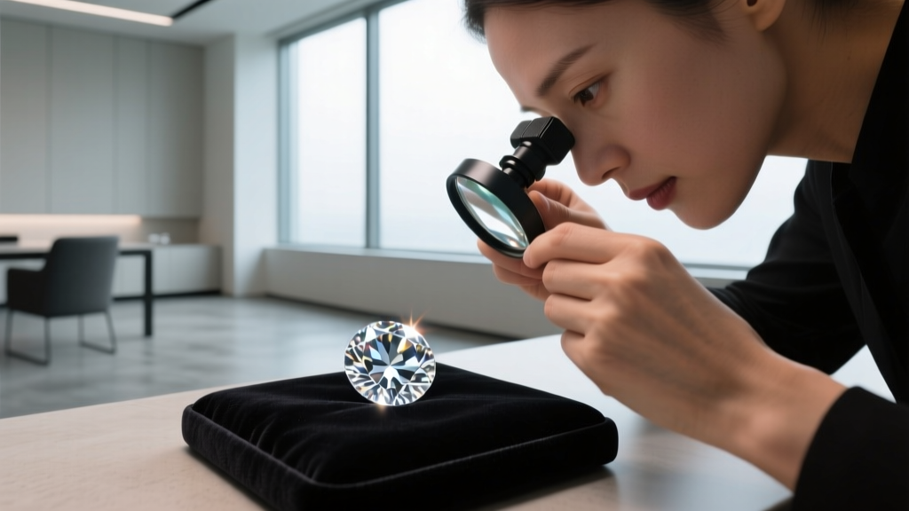 Jeweler using a 10x loupe to inspect a loose round brilliant diamond over a black velvet pad in a brightly lit consultation room.