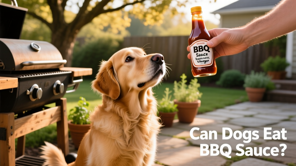 A curious dog sitting near a backyard grill, looking up at a person holding a bottle of BBQ sauce