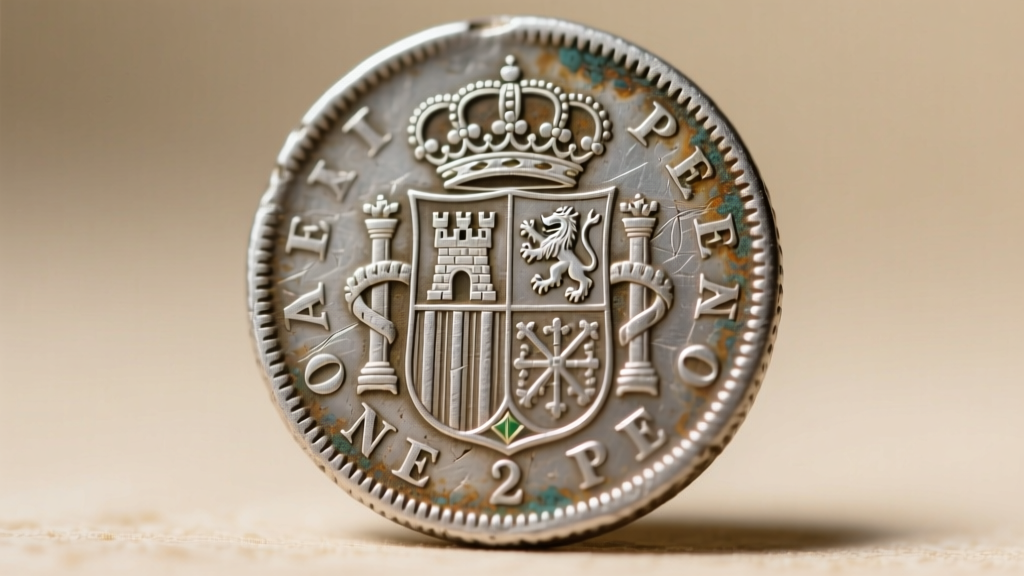 Macro photography showing the intricate heraldic shield and worn edges of an 18th-century Spanish silver piece of eight coin