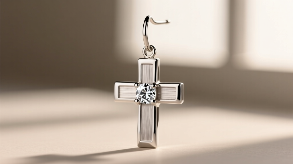 Close-up of 18-gauge Argentium silver dangle cross earring with bezel-set cubic zirconia against a blurred neutral background