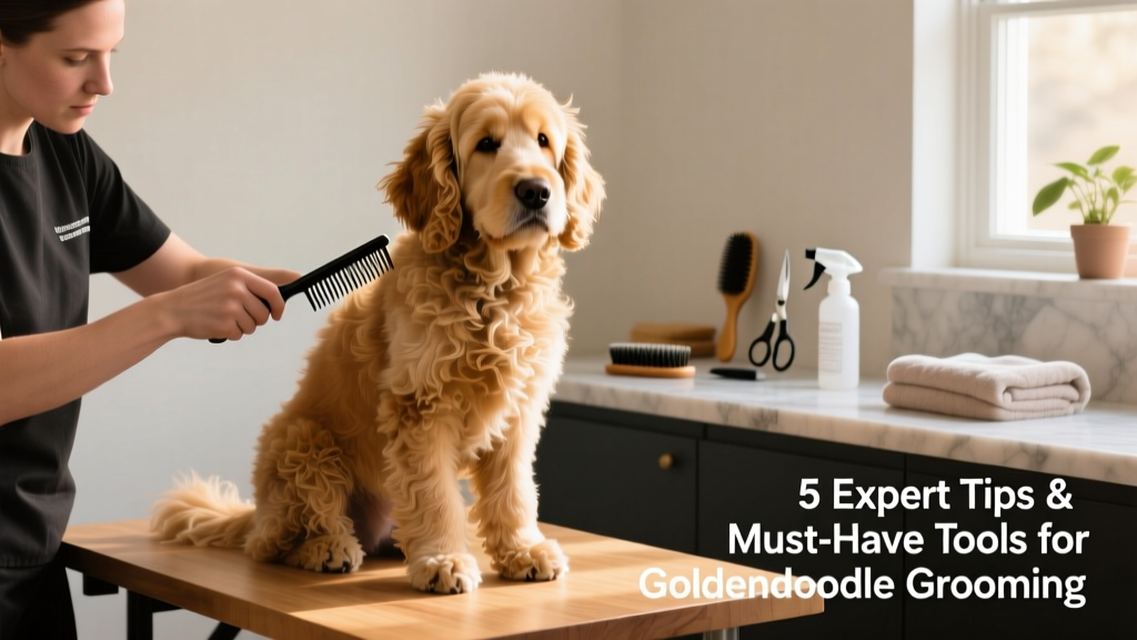A calm Goldendoodle sitting on a grooming table while being brushed gently
