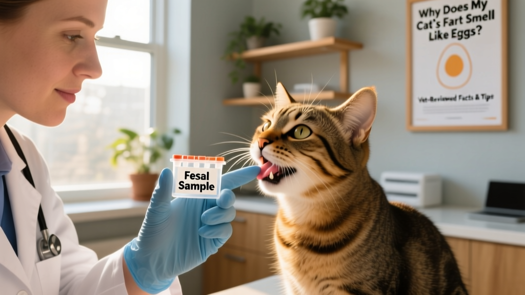 Veterinarian examining a cat’s mouth while holding a small sample collection kit