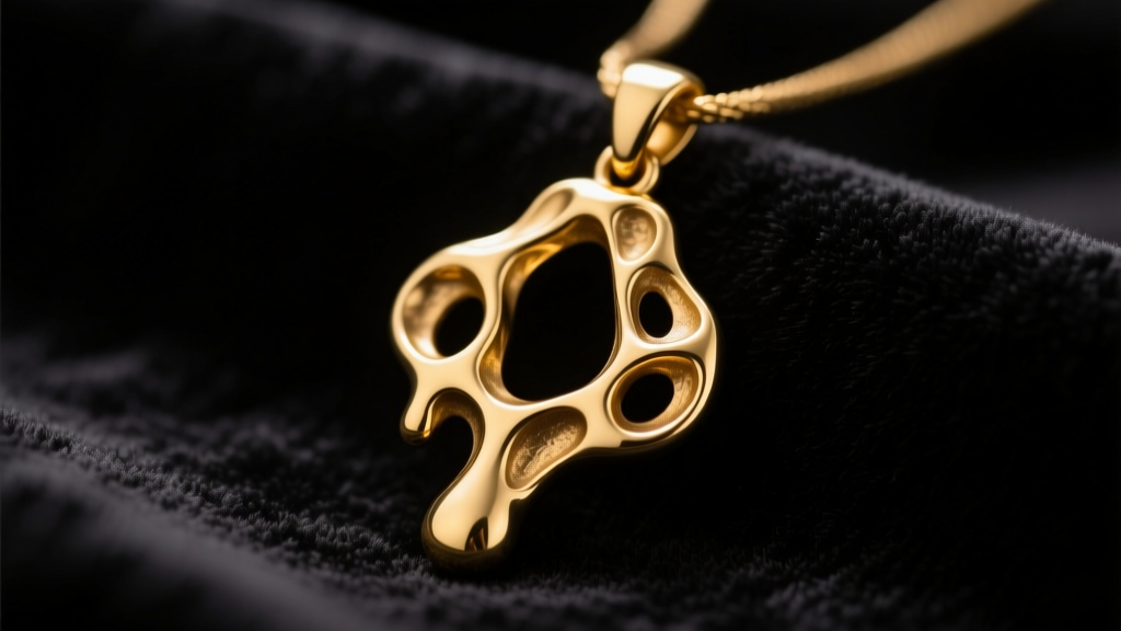 Macro shot of a cast brass drippy pendant revealing deep crevices, organic textures, and a high-polish gold finish on dark velvet