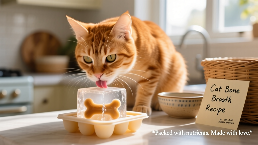 Close-up of a cat licking a frozen bone broth cube from a silicone mold