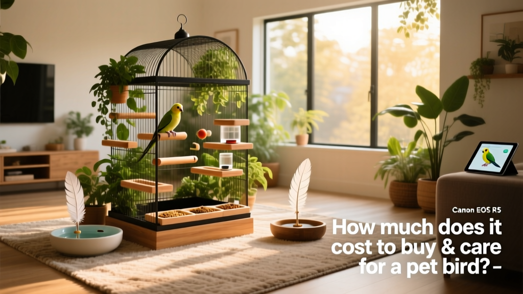 A well-equipped, spacious bird cage with perches, toys, and food stations, set in a bright, safe home environment