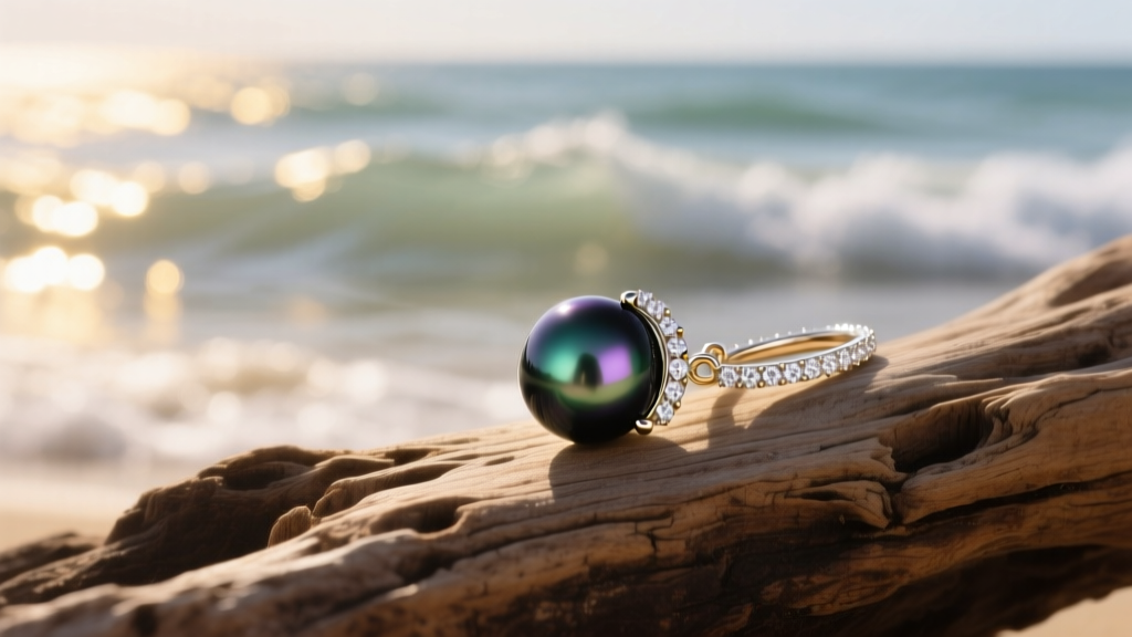 10mm Tahitian black pearl pendant with white gold diamond bail resting on driftwood against soft ocean waves in natural light.