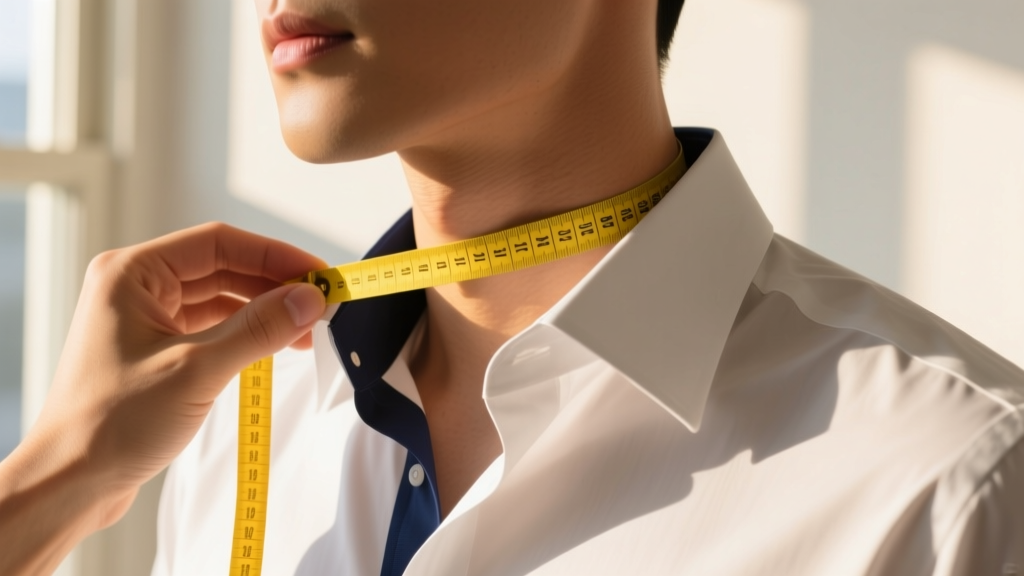 Hands using a soft yellow measuring tape to measure the base of a male neck for a collar necklace fitting, warm natural lighting.