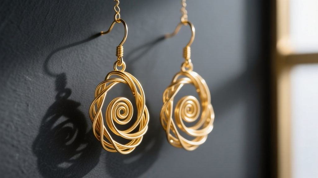 Macro shot of 18k gold hand-wrought filigree drop earrings showing intricate 24-gauge wire loops against a dark slate background