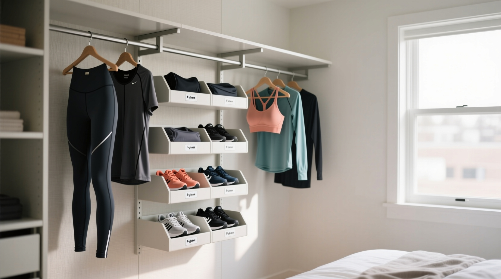 this hanging closet organizer puts your workout clothes