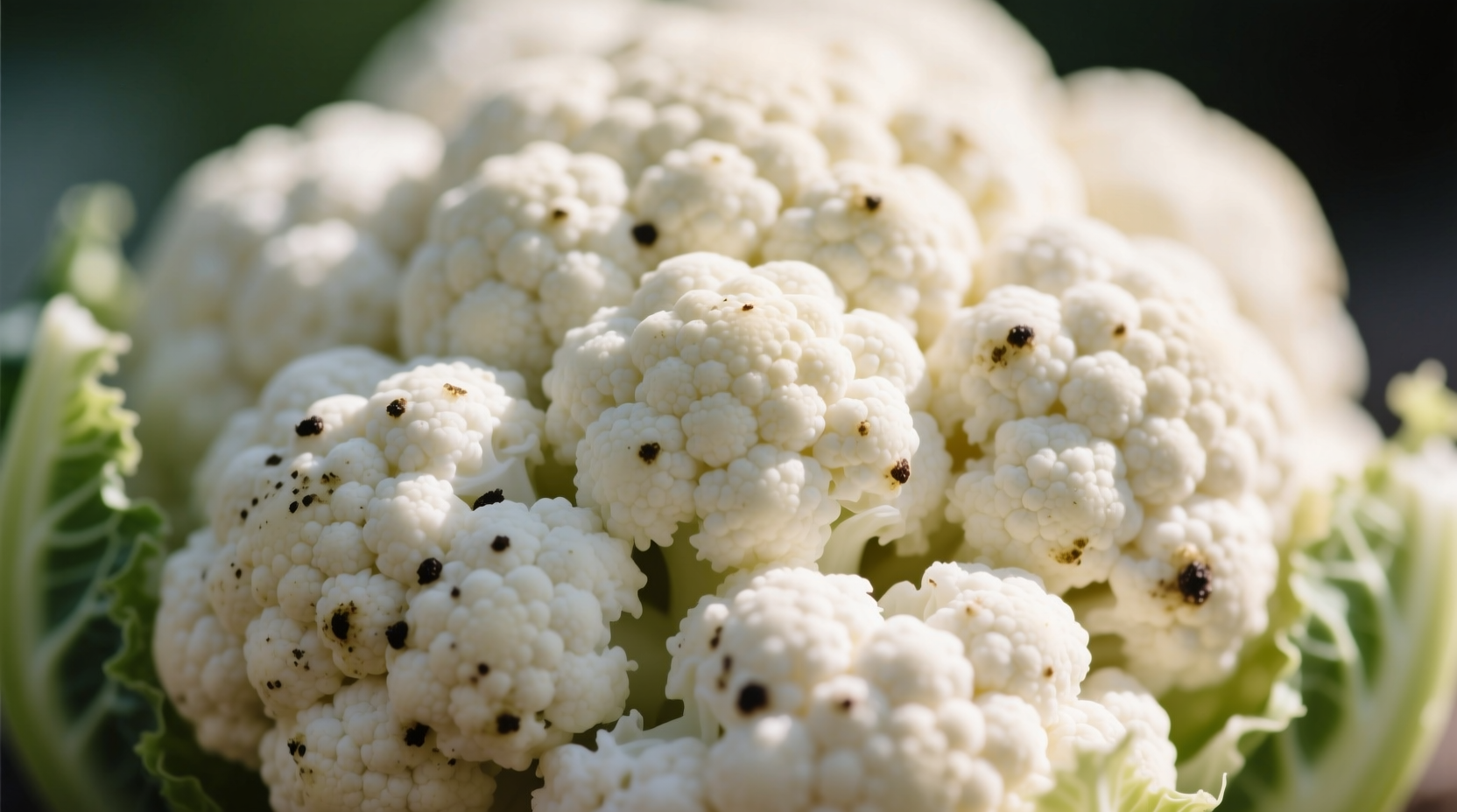 Close-up of fresh cauliflower with minor dark spots