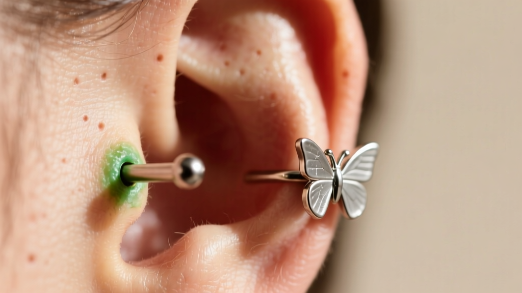 Macro shot of an earlobe wearing a steel stud, showing faint green skin discoloration around the metal post and butterfly clasp.
