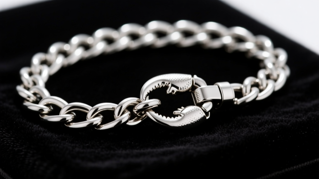 Macro shot of a sterling silver box chain and lobster clasp on dark velvet highlighting the intricate metal weave texture.