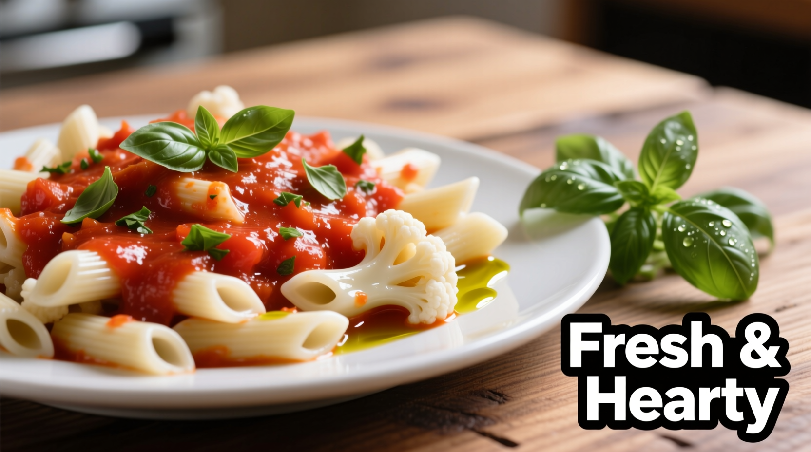 Cauliflower pasta noodles with tomato sauce and fresh basil