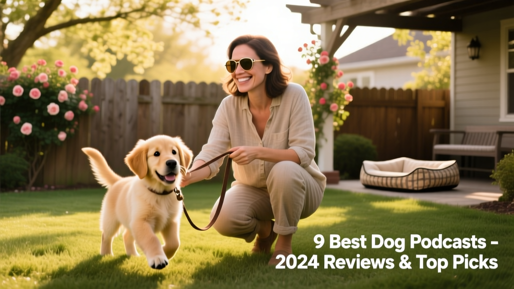 A smiling new puppy owner practicing gentle leash walking with a curious Golden Retriever puppy in a sunlit backyard