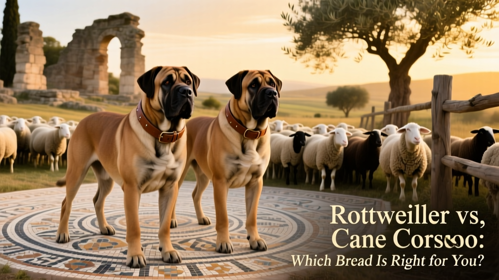 Ancient Roman mosaic depicting large mastiff-type dogs guarding livestock