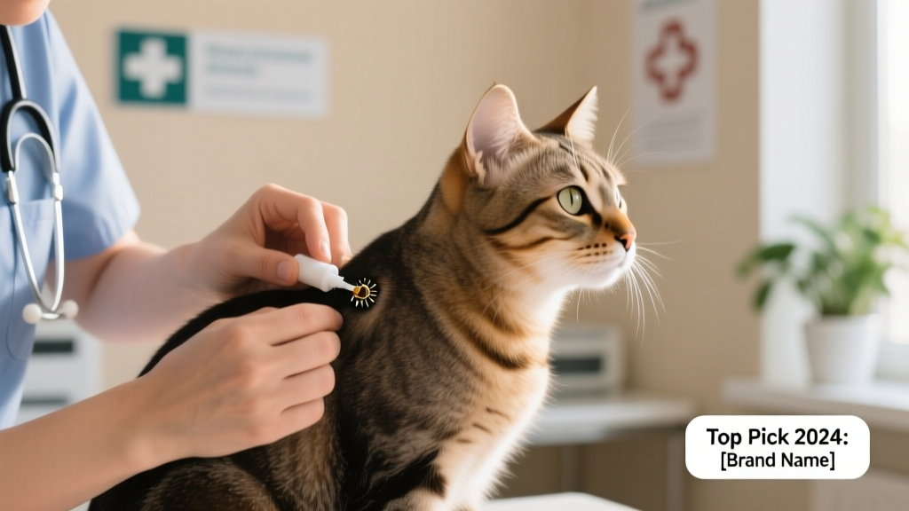 Close-up of a veterinarian applying a topical flea treatment between a cat’s shoulder blades
