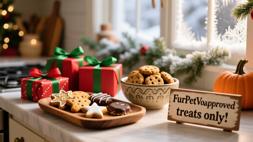 A festive kitchen counter with wrapped gifts, holiday cookies, and a small sign reading 'FurPetVo-approved treats only!' next to a bowl of dog-safe biscuits