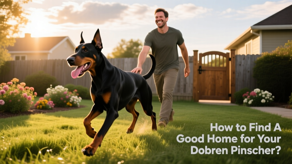 A joyful Doberman running through a fenced grassy yard with a smiling adult walking alongside