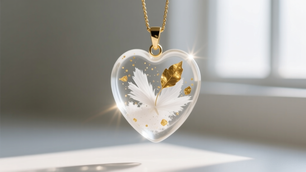 Macro shot of a translucent bio-resin pendant containing fine white cremation ashes and gold leaf, illuminated by soft sunlight