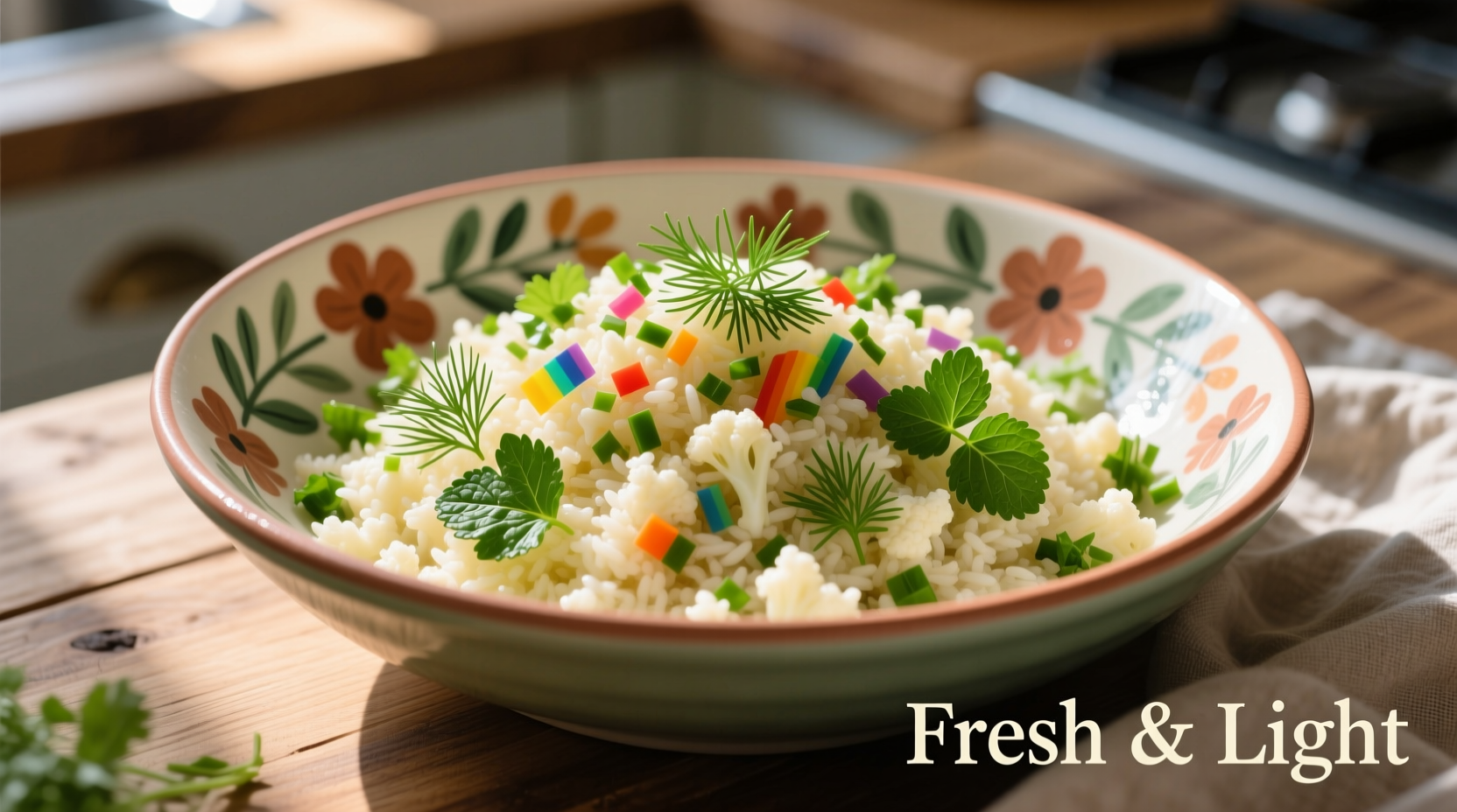 Fresh cauliflower rice in colorful bowl with herbs