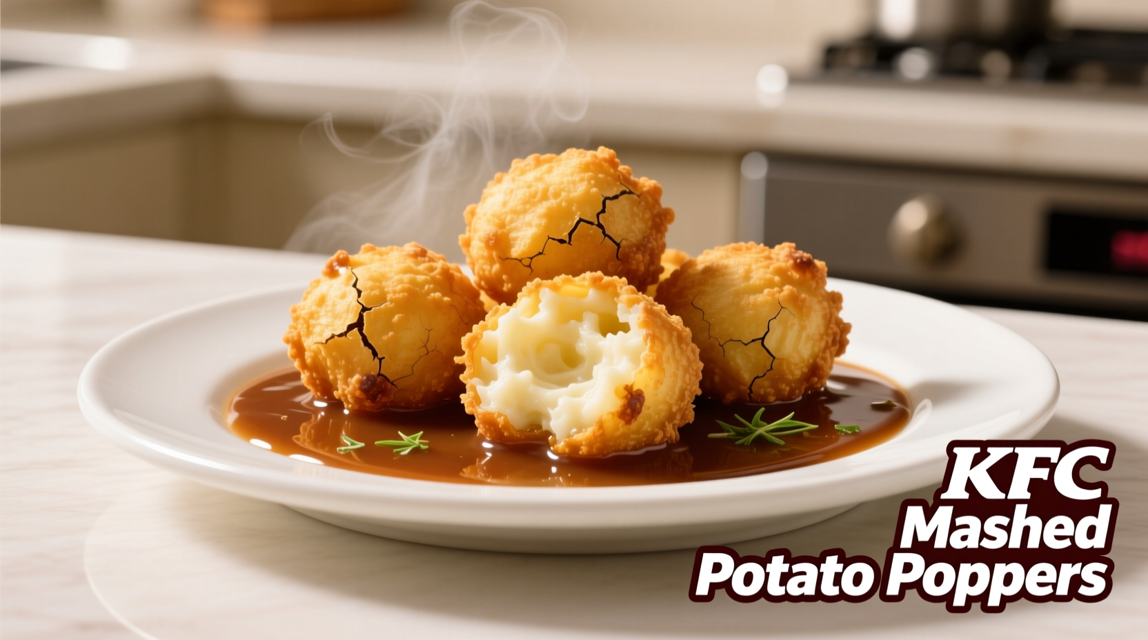 KFC Mashed Potato Poppers on white plate with gravy
