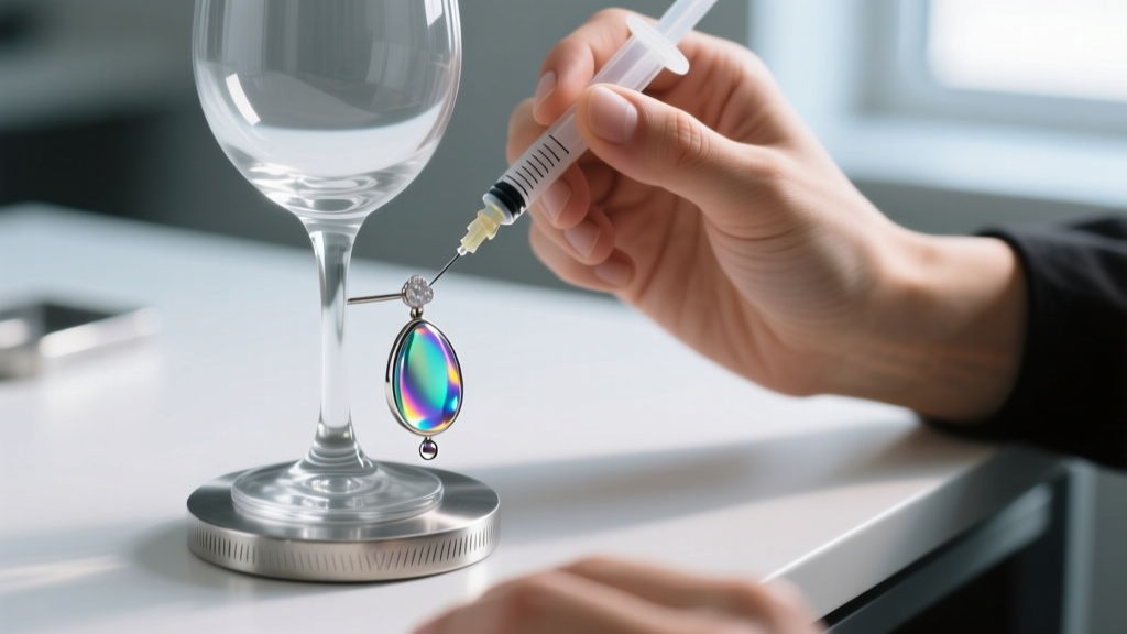 Close-up of a jeweler applying UV resin to the metal base of a clear acrylic wine glass earring using a fine-tipped syringe