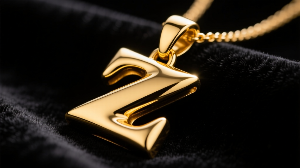 Chunky solid gold Z pendant on dark velvet, highlighting the thick bail and polished edges under moody directional studio lighting