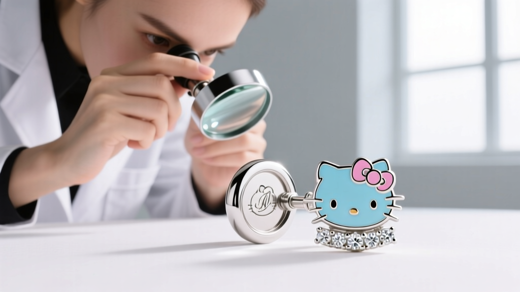 Jeweler using a loupe to inspect the laser hallmark and diamond clarity on the back of a luxury Sanrio collaboration earring post.