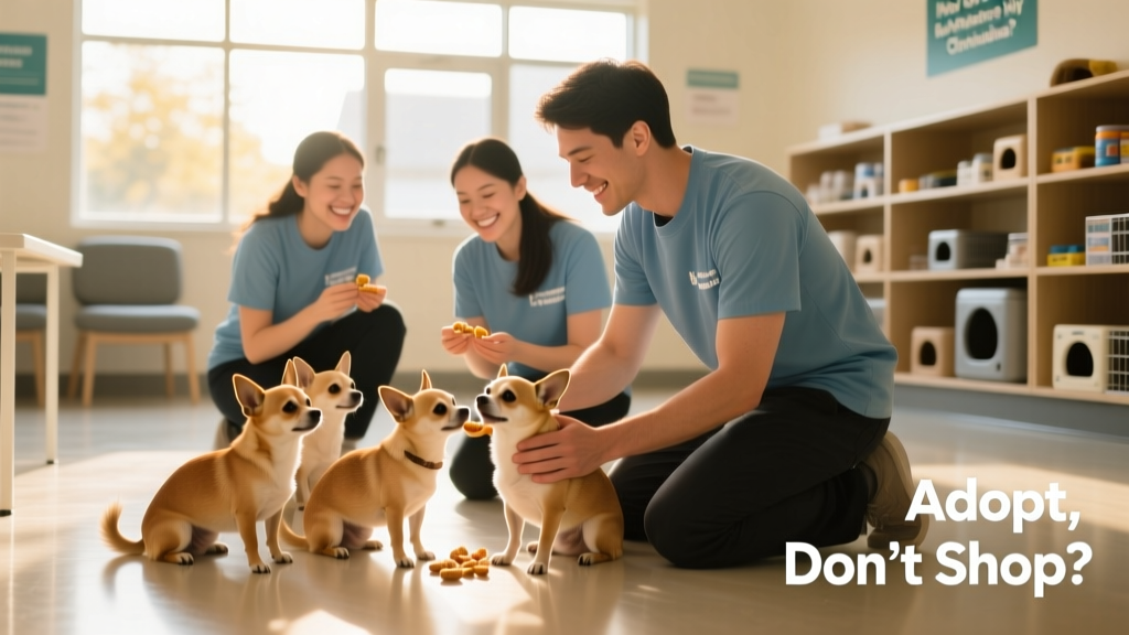 Volunteers interacting warmly with several Chihuahuas in a clean, sunlit rescue facility